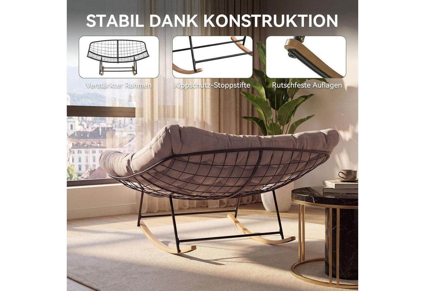 AOXUN Schaukelstuhl XXL Doppelschaukelstuhl für Innen & Außen, bis 200 kg belastbar (1 St), Ergonomischer Groß-Sitz mit dicker PP-Polsterung, einfache Montage