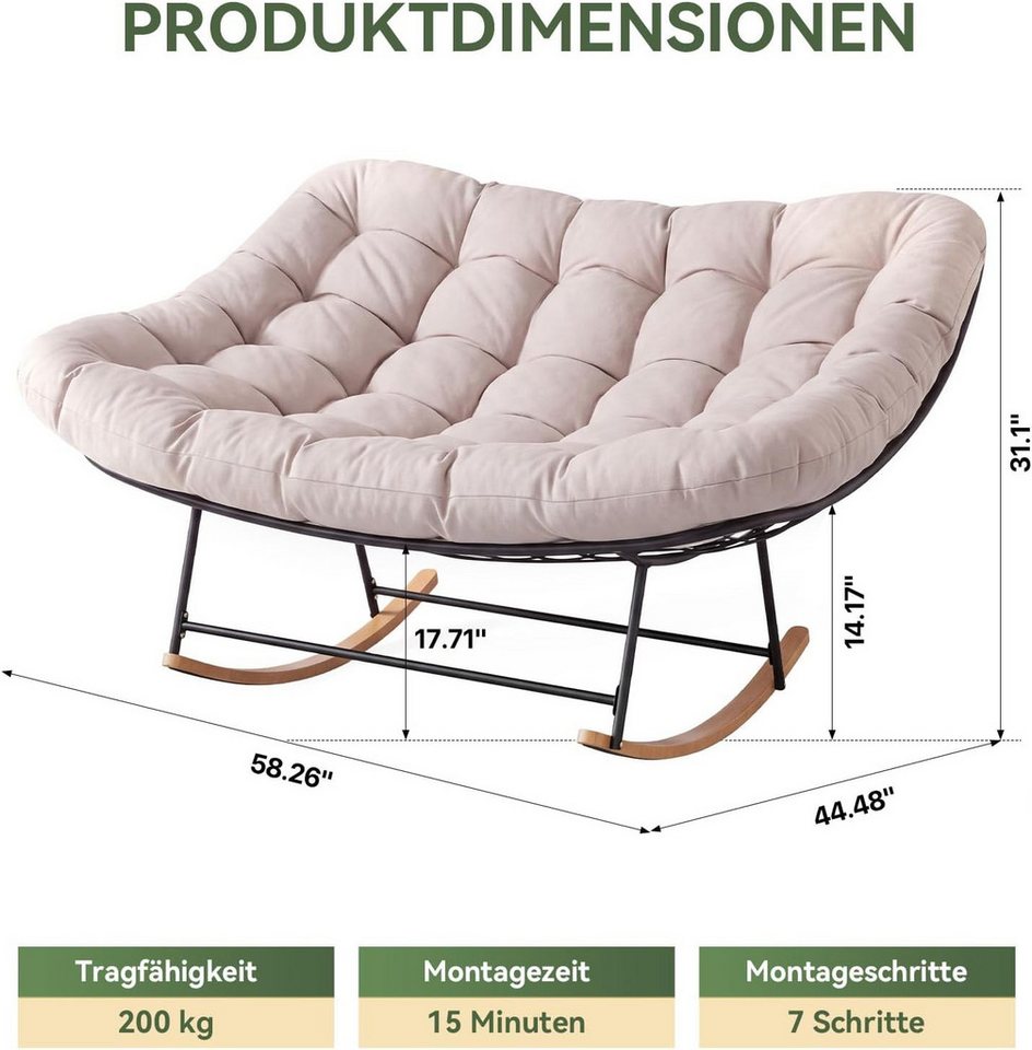 AOXUN Schaukelstuhl XXL Doppelschaukelstuhl für Innen & Außen, bis 200 kg belastbar (1 St), Ergonomischer Groß-Sitz mit dicker PP-Polsterung, einfache Montage Bild 3