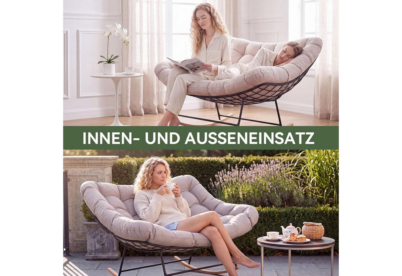 AOXUN Schaukelstuhl XXL Doppelschaukelstuhl für Innen & Außen, bis 200 kg belastbar (1 St), Ergonomischer Groß-Sitz mit dicker PP-Polsterung, einfache Montage Bild 4