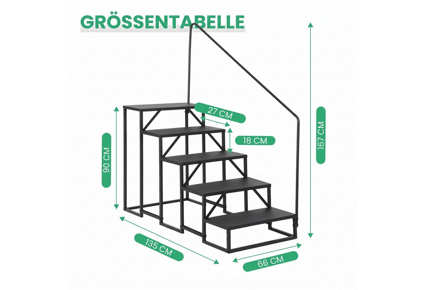 GarveeMore Außentreppe Treppenhandlauf aus Carbonstahl mit einseitigem Handlauf, rutschfest, für Geschosshöhen bis 90 cm, Stufen offen, (1-tlg), 4/5 Stufen für Wohnmobil, Pool, Garten, Senioren, Kinder, Schwarz Bild 2