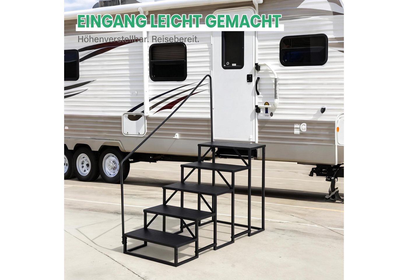 GarveeMore Außentreppe Treppenhandlauf aus Carbonstahl mit einseitigem Handlauf, rutschfest, für Geschosshöhen bis 90 cm, Stufen offen, (1-tlg), 4/5 Stufen für Wohnmobil, Pool, Garten, Senioren, Kinder, Schwarz Bild 3