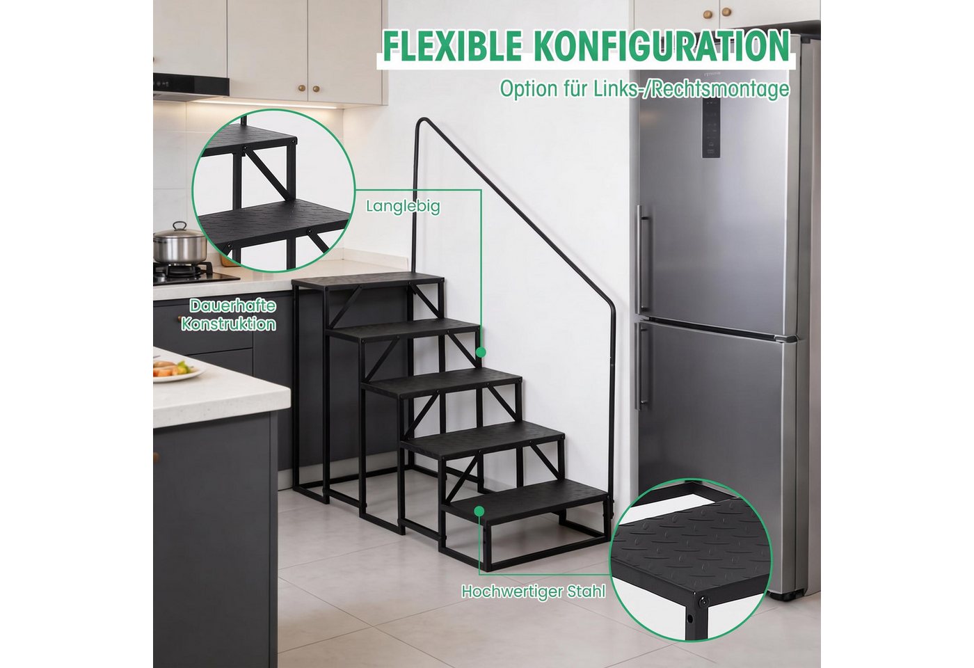 GarveeMore Außentreppe Treppenhandlauf aus Carbonstahl mit einseitigem Handlauf, rutschfest, für Geschosshöhen bis 90 cm, Stufen offen, (1-tlg), 4/5 Stufen für Wohnmobil, Pool, Garten, Senioren, Kinder, Schwarz Bild 5