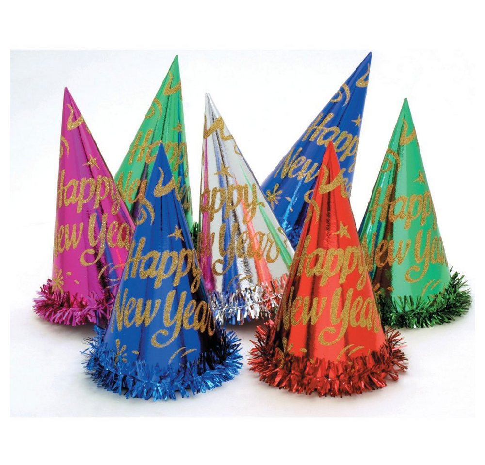 Partystrolche Papierdekoration Partyhut 6er Set Happy New Year bunt mit Fransen