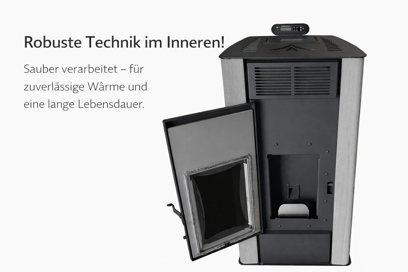 NEMAXX Pelletofen P18 Schwarz 18 kW wasserführend bis 300m³ Zentralheizung A+ 40 kg Tank, (Reinigungsautomatik, ECO-Modus, Sicherheitsabschaltung, Wochentimer, Wi-Fi Ready), BAFA/förderfähig, Wasser 12,5kW, effiziente Wärme, bis 18 Std.Laufzeit Bild 4