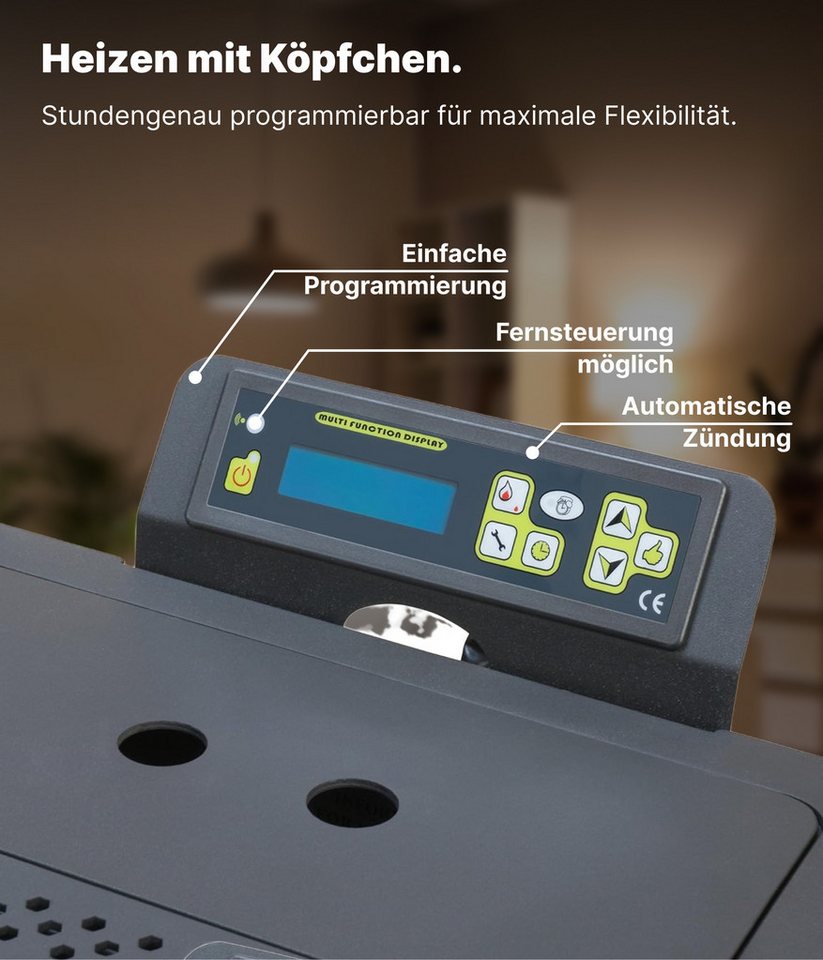 NEMAXX Pelletofen P18 Schwarz 18 kW wasserführend bis 300m³ Zentralheizung A+ 40 kg Tank, (Reinigungsautomatik, ECO-Modus, Sicherheitsabschaltung, Wochentimer, Wi-Fi Ready), BAFA/förderfähig, Wasser 12,5kW, effiziente Wärme, bis 18 Std.Laufzeit Bild 5