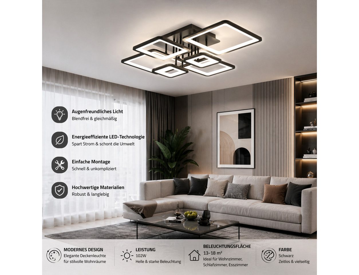 Fyrove Deckenleuchten LED Deckenlampe 6 Rahmen,Dimmbar mit Fernbedienung für Wohnzimmer, LED fest integriert, 102W 3000-6500k, Mit Speicherfunktion Timer-Funktion.Lichtfarbe-und Helligkeit einstellbar, Modern Runde Wohnzimmer Schlafzimmer Arbeitszimmer Esszimmer Dekoration Lampen Bild 4