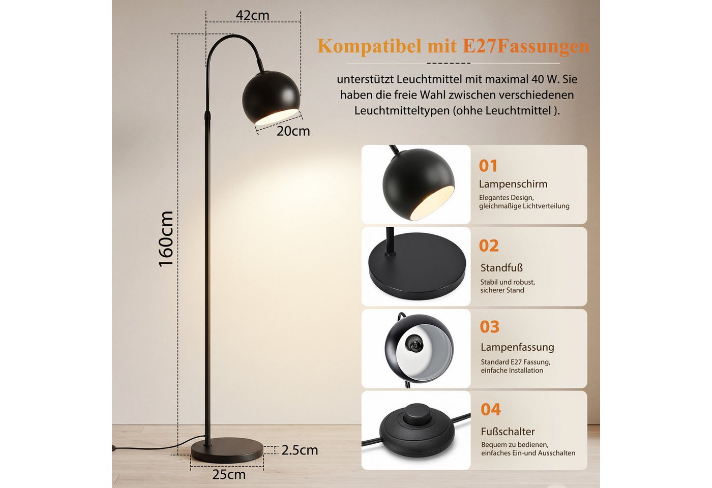 Nettlife Stehlampe Bogenlampe Wohnzimmer Schwarz/Antik Bronze Retro Metallschirm E27 40W, ohne Leuchtmittel, 160 cm ideal als Leseleuchte für Wohnzimmer Bild 5