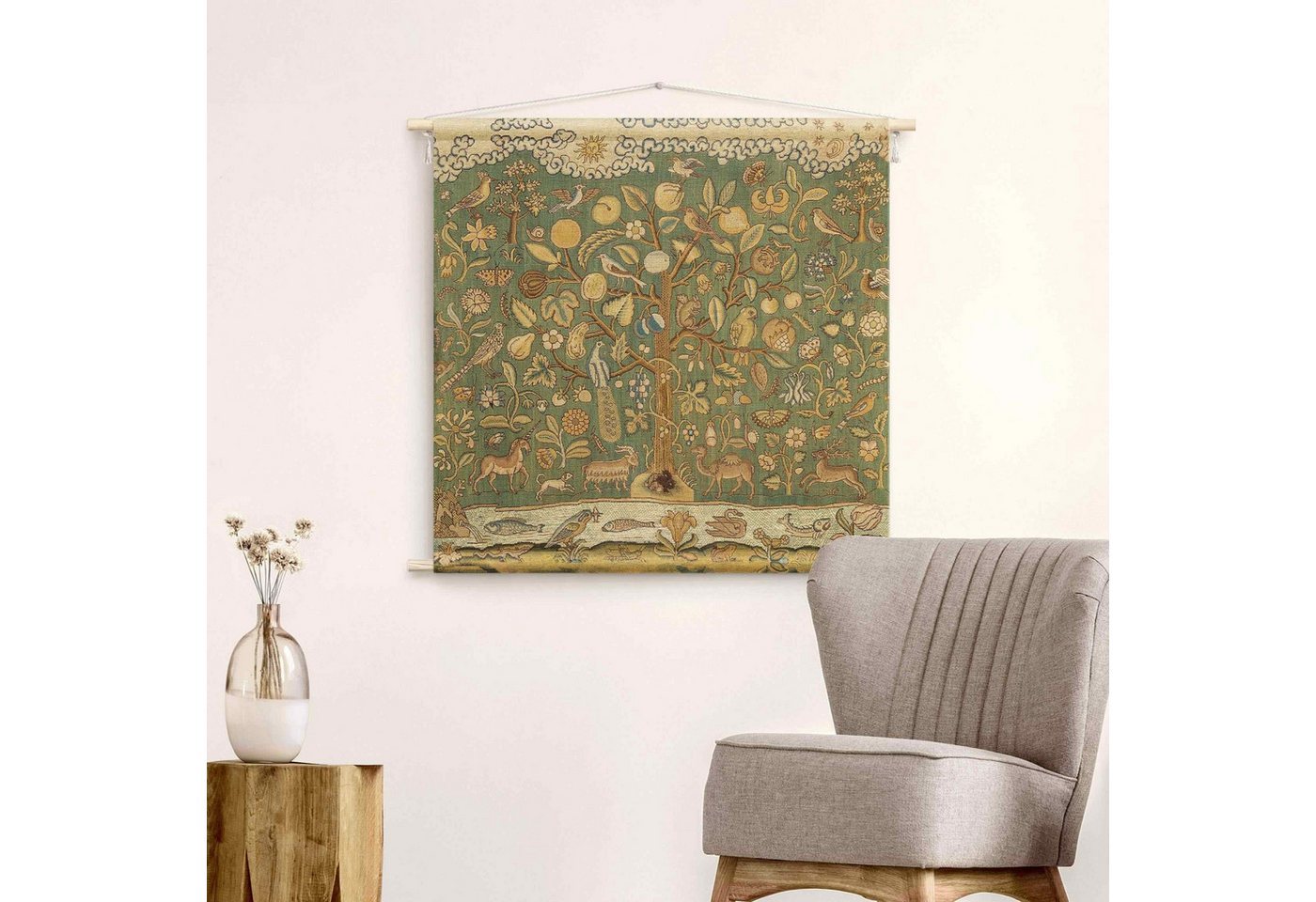 Bilderdepot24 Wandteppich modern Vintage Botanik Tiere Vögel grün, quadratisch, Höhe: 2.6 mm, großes Wandbild aus Natur-Baumwolle Wandbehang Stoffbild Tuch Wollseil