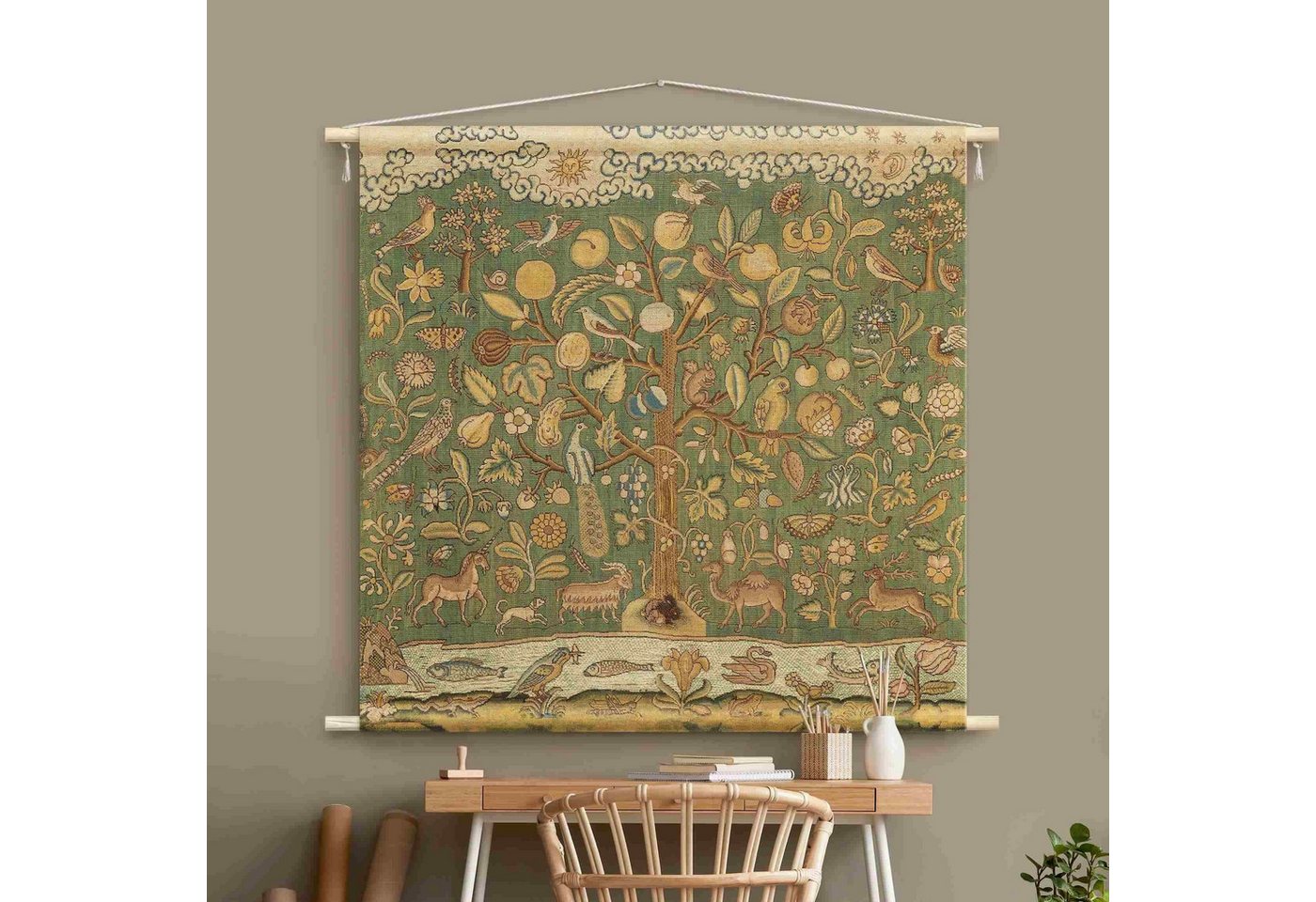 Bilderdepot24 Wandteppich modern Vintage Botanik Tiere Vögel grün, quadratisch, Höhe: 2.6 mm, großes Wandbild aus Natur-Baumwolle Wandbehang Stoffbild Tuch Wollseil Bild 2