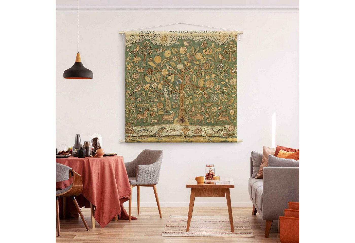 Bilderdepot24 Wandteppich modern Vintage Botanik Tiere Vögel grün, quadratisch, Höhe: 2.6 mm, großes Wandbild aus Natur-Baumwolle Wandbehang Stoffbild Tuch Wollseil Bild 3