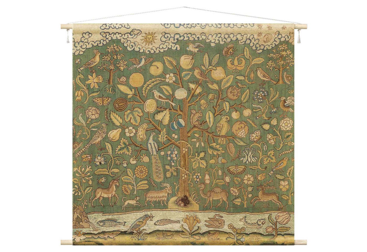 Bilderdepot24 Wandteppich modern Vintage Botanik Tiere Vögel grün, quadratisch, Höhe: 2.6 mm, großes Wandbild aus Natur-Baumwolle Wandbehang Stoffbild Tuch Wollseil Bild 4