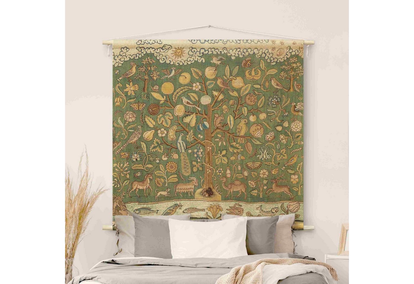 Bilderdepot24 Wandteppich modern Vintage Botanik Tiere Vögel grün, quadratisch, Höhe: 2.6 mm, großes Wandbild aus Natur-Baumwolle Wandbehang Stoffbild Tuch Wollseil Bild 5