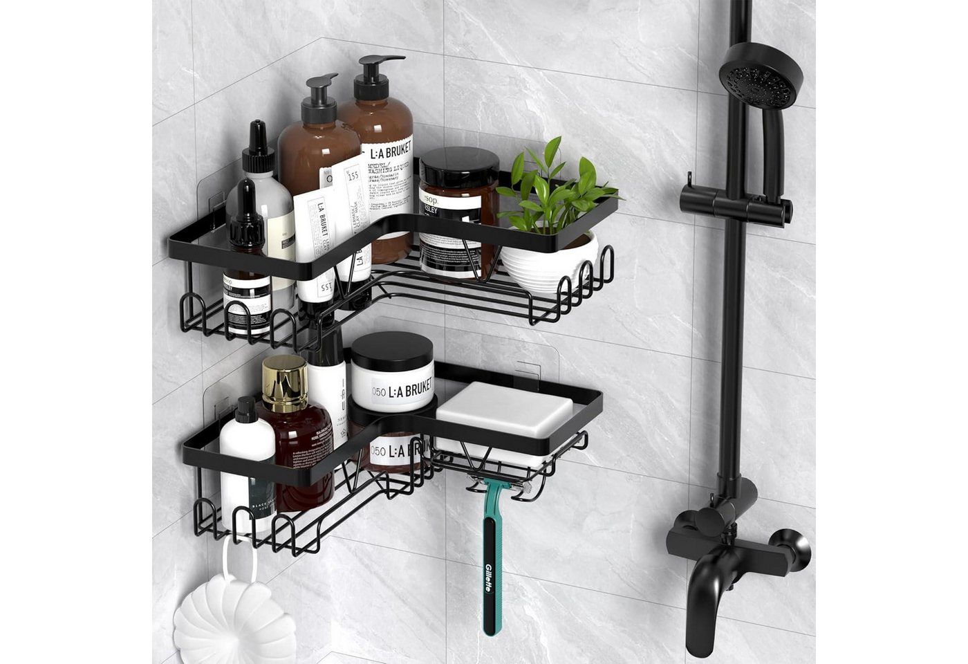LuxusKollektion Duschablage Duschablage Ecke ohne Bohren Duschregal Duschkorb 2 Stück Schwarz Bild 4