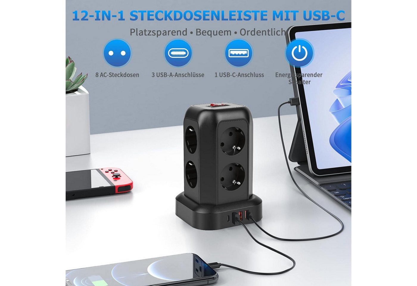Toomoke 12-in-1 Steckdosenturm mit 8 Steckplätzen und 4 USB-Anschlüssen Mehrfachsteckdose 8-fach (3 USB A und 1 USB C Mehrfachsteckdose, Kabellänge 1.8 m), USB-C Schnellladung, Überspannungsschutz, 2500W Mehrfachsteckdose