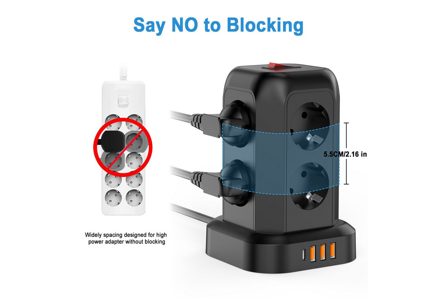 Toomoke 12-in-1 Steckdosenturm mit 8 Steckplätzen und 4 USB-Anschlüssen Mehrfachsteckdose 8-fach (3 USB A und 1 USB C Mehrfachsteckdose, Kabellänge 1.8 m), USB-C Schnellladung, Überspannungsschutz, 2500W Mehrfachsteckdose Bild 2