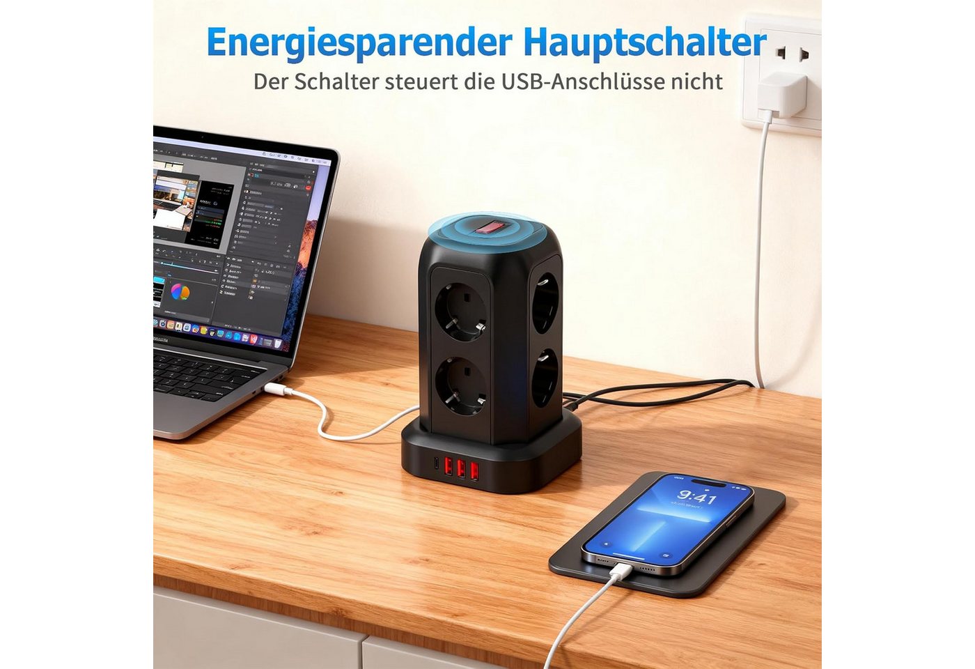 Toomoke 12-in-1 Steckdosenturm mit 8 Steckplätzen und 4 USB-Anschlüssen Mehrfachsteckdose 8-fach (3 USB A und 1 USB C Mehrfachsteckdose, Kabellänge 1.8 m), USB-C Schnellladung, Überspannungsschutz, 2500W Mehrfachsteckdose Bild 3