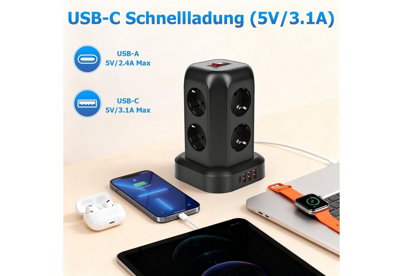Toomoke 12-in-1 Steckdosenturm mit 8 Steckplätzen und 4 USB-Anschlüssen Mehrfachsteckdose 8-fach (3 USB A und 1 USB C Mehrfachsteckdose, Kabellänge 1.8 m), USB-C Schnellladung, Überspannungsschutz, 2500W Mehrfachsteckdose Bild 4