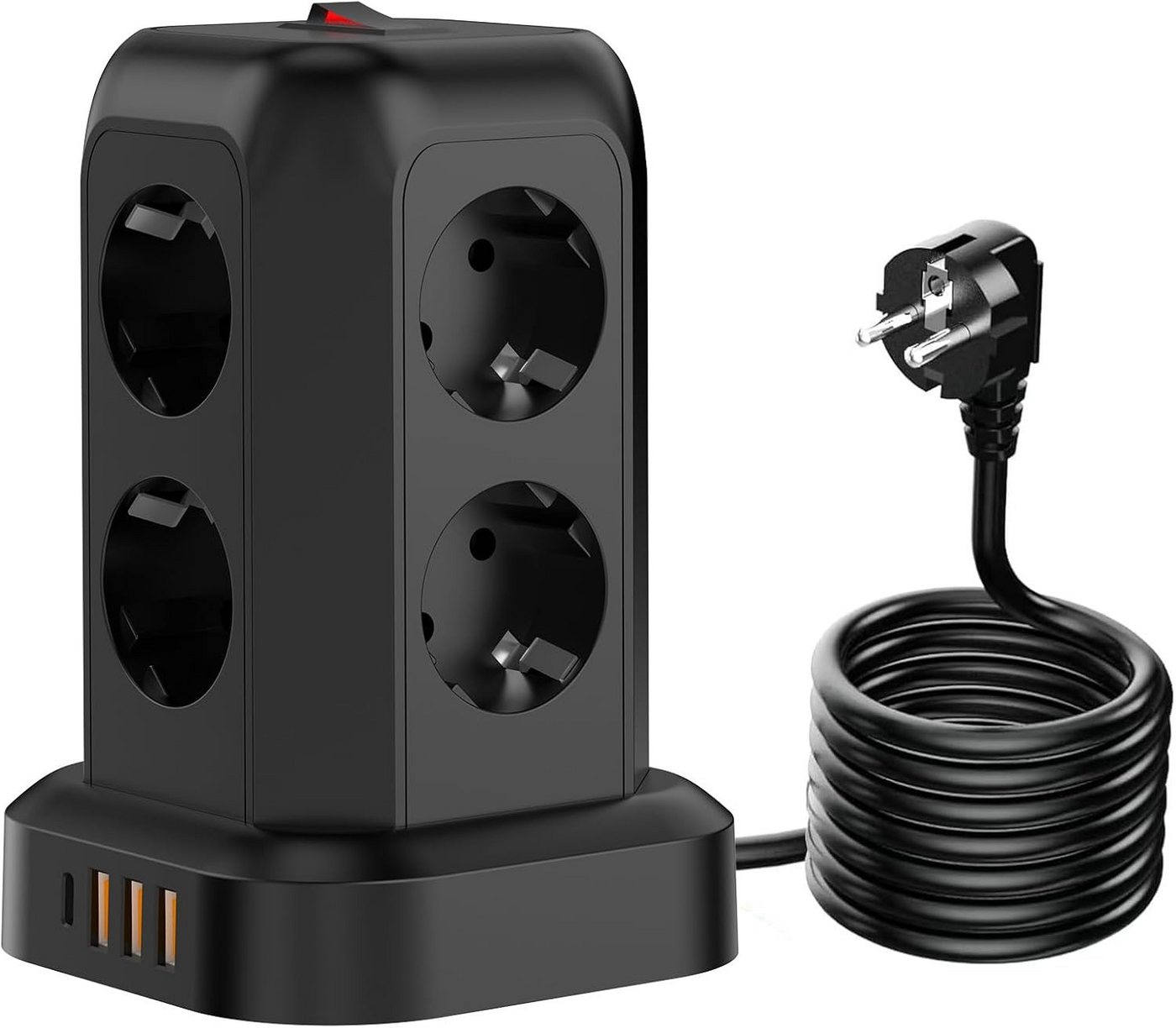 Toomoke 12-in-1 Steckdosenturm mit 8 Steckplätzen und 4 USB-Anschlüssen Mehrfachsteckdose 8-fach (3 USB A und 1 USB C Mehrfachsteckdose, Kabellänge 1.8 m), USB-C Schnellladung, Überspannungsschutz, 2500W Mehrfachsteckdose Bild 5