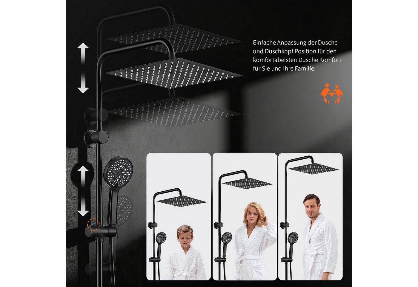 HOMELODY Duschsystem Schwarz mit SUS304 Badewannenarmatur und 30 cm Regendusche, 2 Strahlart(en), 5-Strahlarten-Handbrause und höhenverstellbare Duschstange ohne Bohren Bild 5