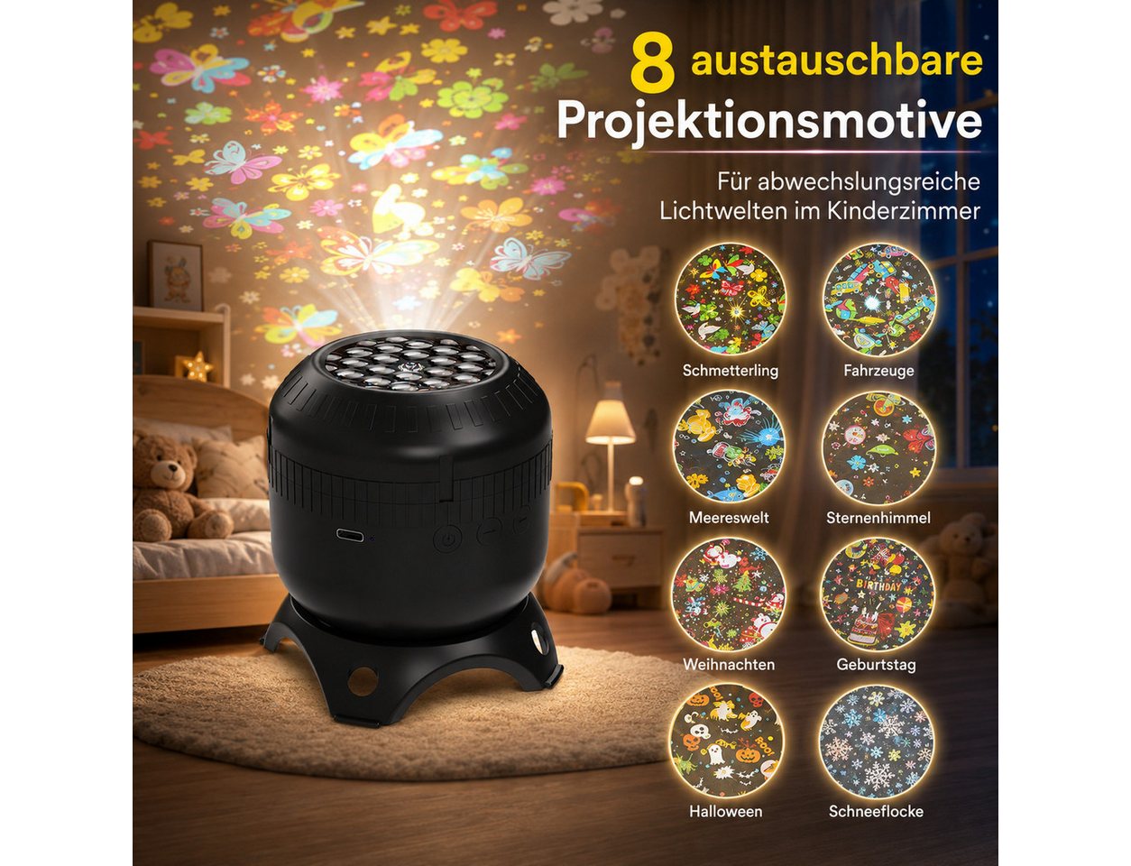 Vornix Projektionslampe Projektionslampe mit 8 Wechselmotiven, Nachtlicht Projektor für Kinderzimmer, drehbare Projektion, USB-C, 0,8–3,2 m Projektionsabstand Bild 3