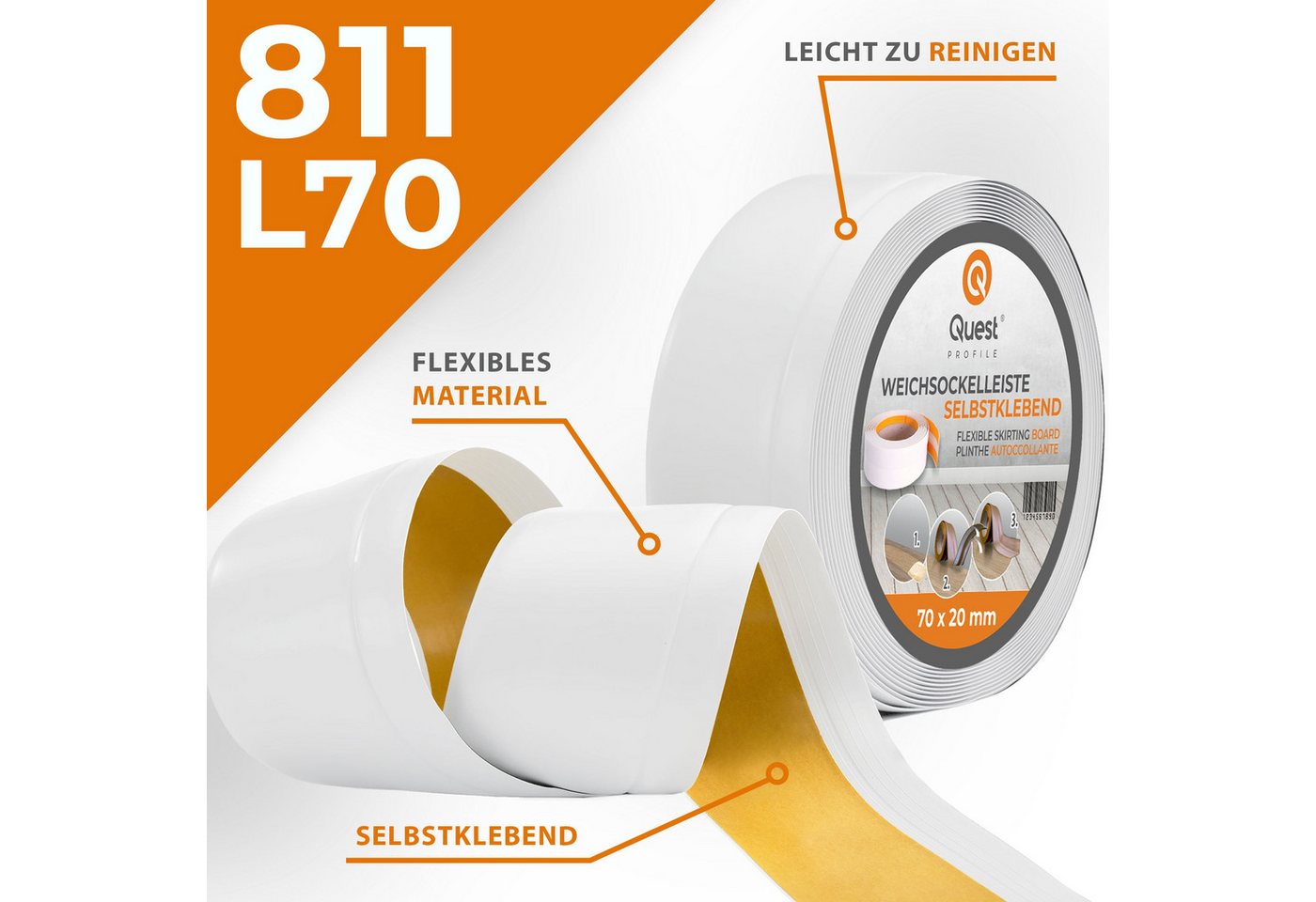 Quest Sockelleiste Weichsockelleiste Selbstklebend Knickleiste 70x20 mm, L: 100,00 cm, H: 7,00 cm, Packung, 1-St., wasserfest, UV-beständig, für Küche & Bad Bild 3