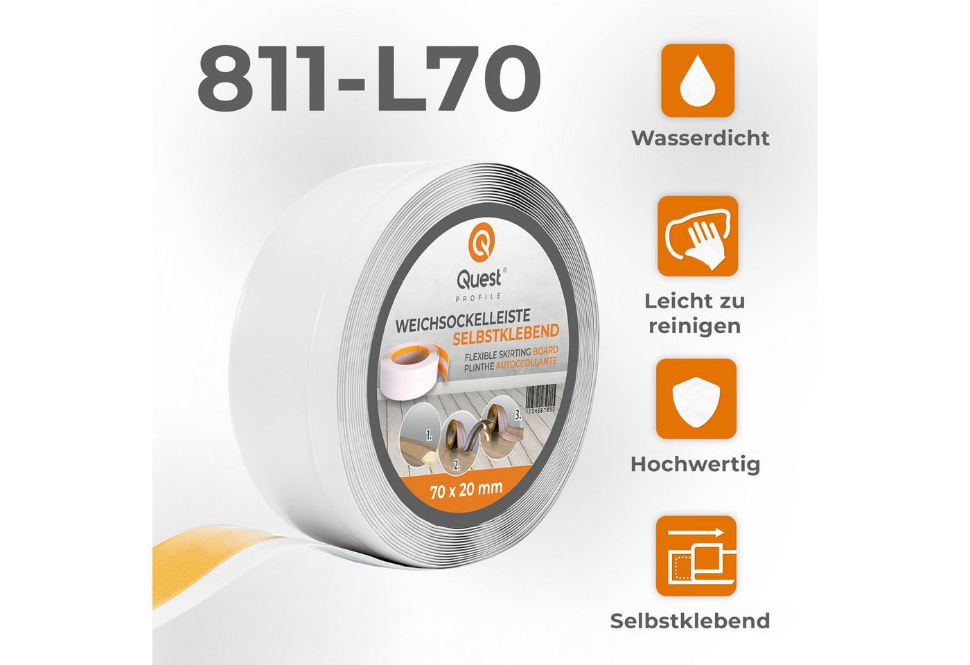 Quest Sockelleiste Weichsockelleiste Selbstklebend Knickleiste 70x20 mm, L: 100,00 cm, H: 7,00 cm, Packung, 1-St., wasserfest, UV-beständig, für Küche & Bad Bild 4
