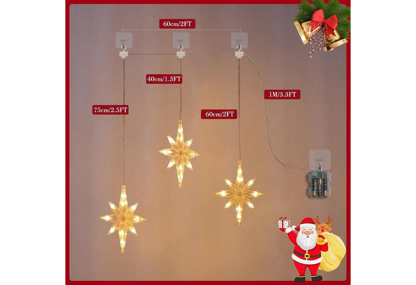 Quntis LED-Lichterkette 0.3/0.6M Led weihnachtsdeko fenster, weihnachtsstern mit haken, Weihnachtsdeko mit Memory Funktion für Weihnachten Fensterbilder Deko