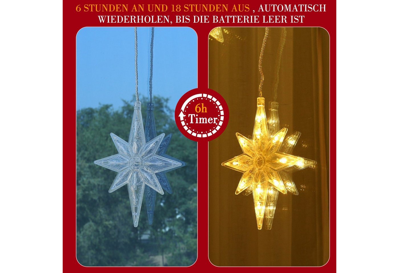 Quntis LED-Lichterkette 0.3/0.6M Led weihnachtsdeko fenster, weihnachtsstern mit haken, Weihnachtsdeko mit Memory Funktion für Weihnachten Fensterbilder Deko Bild 2