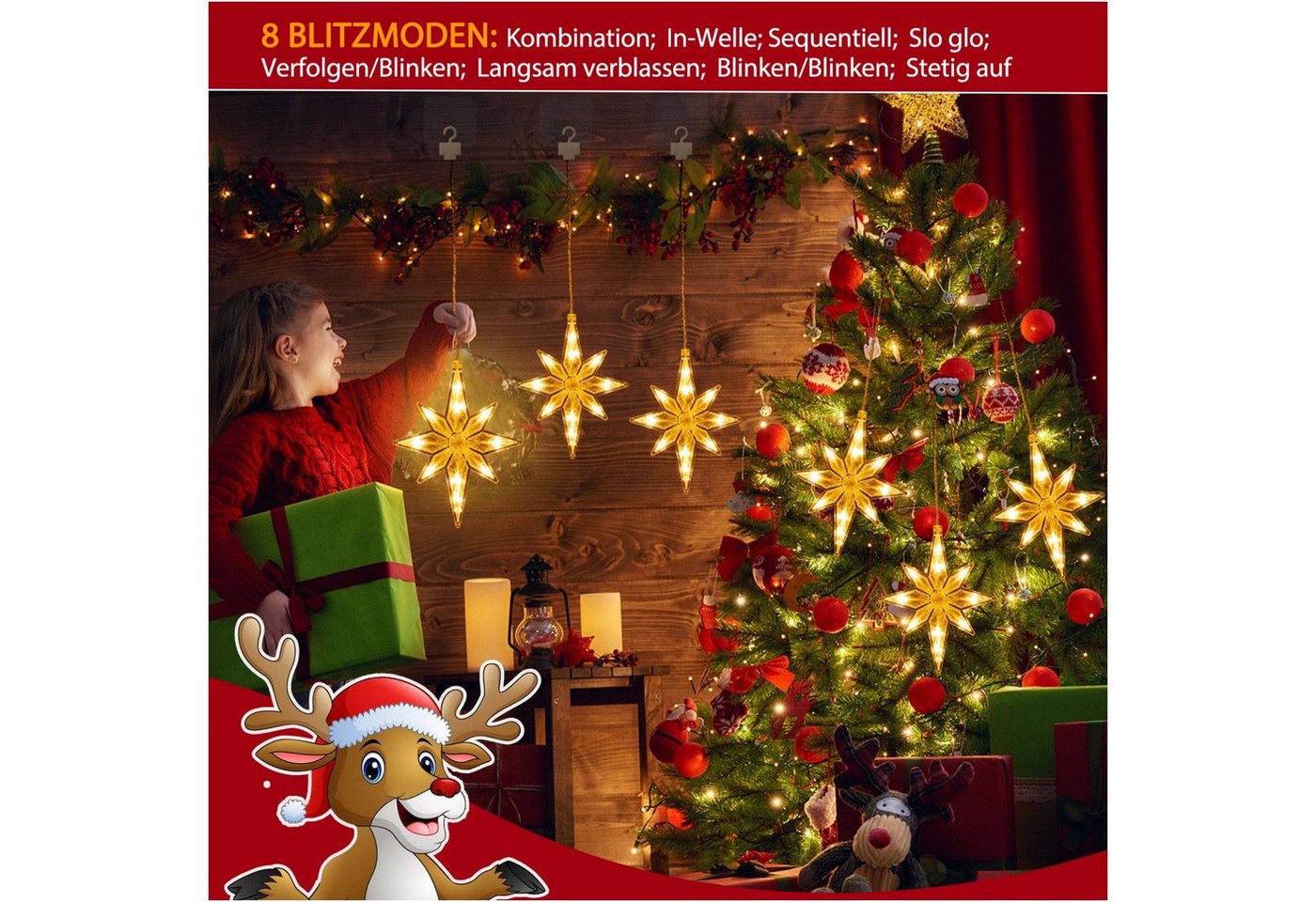 Quntis LED-Lichterkette 0.3/0.6M Led weihnachtsdeko fenster, weihnachtsstern mit haken, Weihnachtsdeko mit Memory Funktion für Weihnachten Fensterbilder Deko Bild 3
