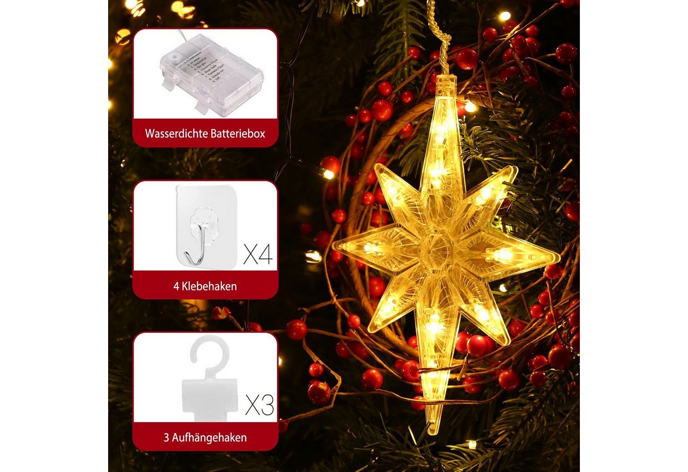 Quntis LED-Lichterkette 0.3/0.6M Led weihnachtsdeko fenster, weihnachtsstern mit haken, Weihnachtsdeko mit Memory Funktion für Weihnachten Fensterbilder Deko Bild 4