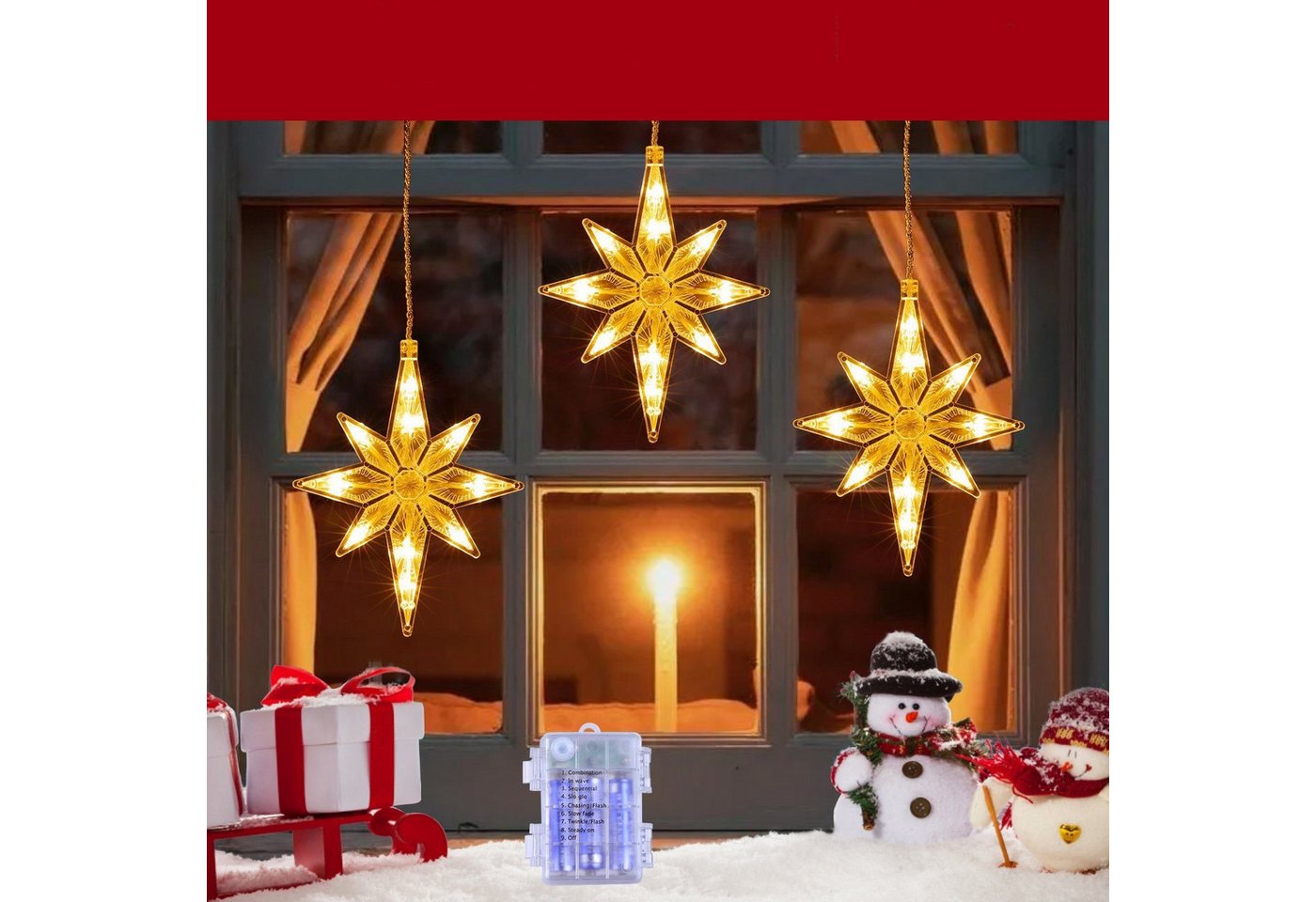 Quntis LED-Lichterkette 0.3/0.6M Led weihnachtsdeko fenster, weihnachtsstern mit haken, Weihnachtsdeko mit Memory Funktion für Weihnachten Fensterbilder Deko Bild 5