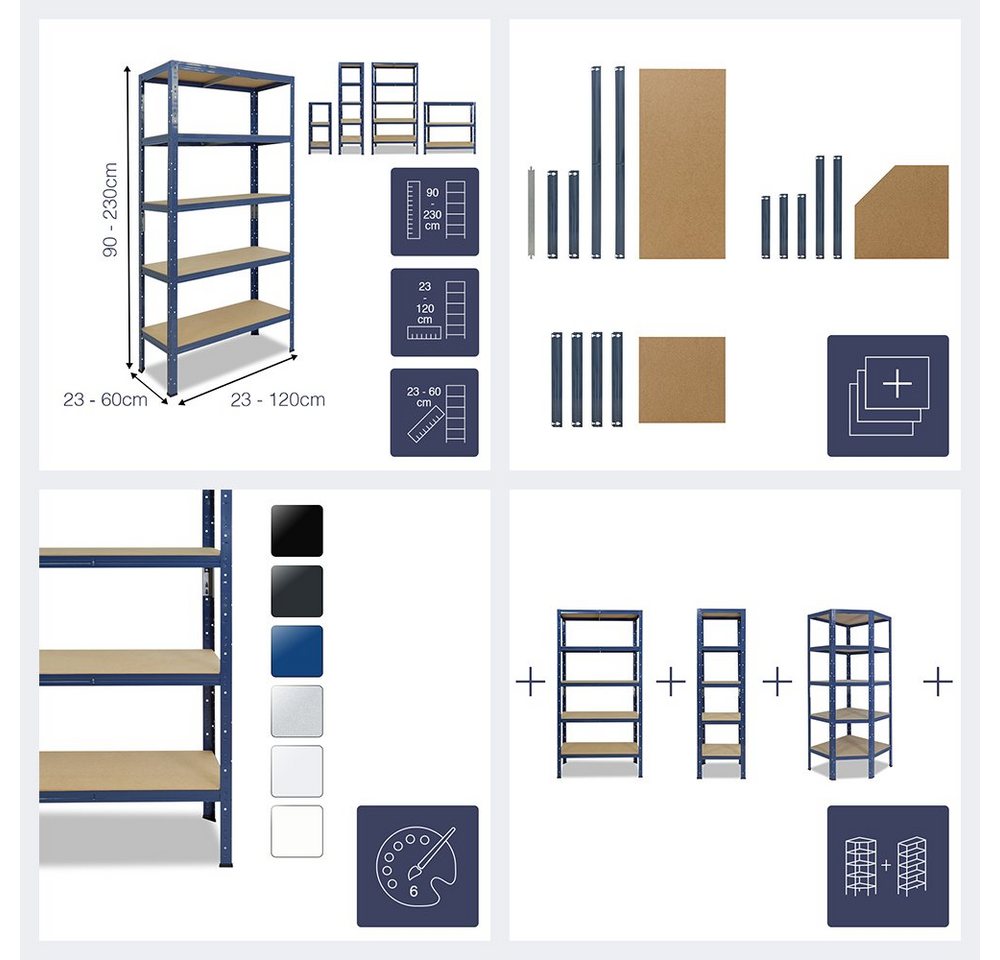 shelfplaza Schwerlastregal HOME, 180x30x60cm blau, 6 Böden, Kellerregal, Garagenregal, Steckregal Bild 4