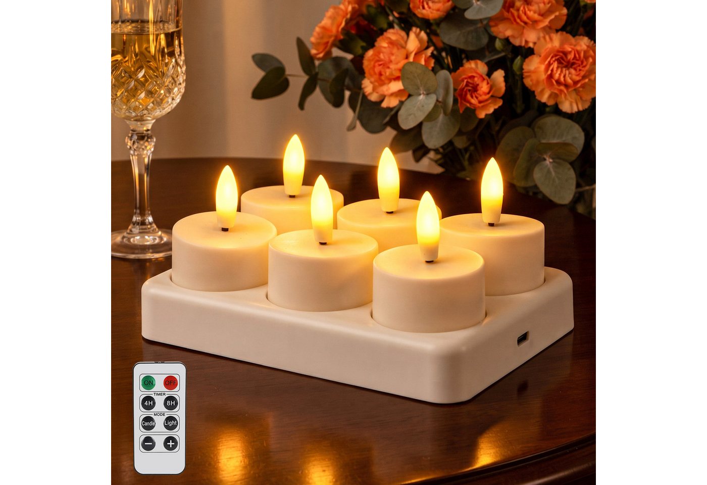 skelo LED-Teelichter LED 6/12er Teelichter Wiederaufladbar mit Fernbedienung Ladestation, led aufladbar, LED fest integriert, Warmes Licht, mit Timer (4/8H) für Halloween Weihnachten Tisch Party Deko Bild 2
