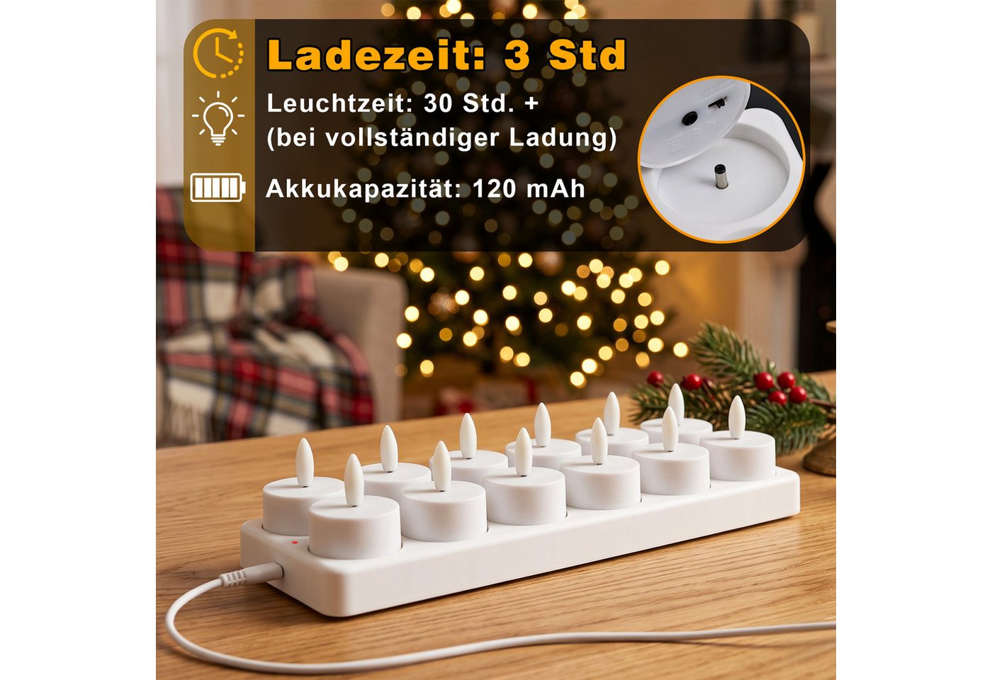 skelo LED-Teelichter LED 6/12er Teelichter Wiederaufladbar mit Fernbedienung Ladestation, led aufladbar, LED fest integriert, Warmes Licht, mit Timer (4/8H) für Halloween Weihnachten Tisch Party Deko Bild 4