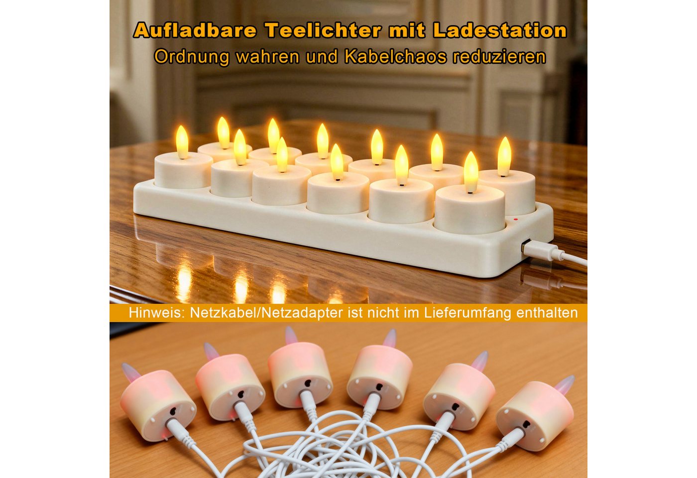 skelo LED-Teelichter LED 6/12er Teelichter Wiederaufladbar mit Fernbedienung Ladestation, led aufladbar, LED fest integriert, Warmes Licht, mit Timer (4/8H) für Halloween Weihnachten Tisch Party Deko Bild 5