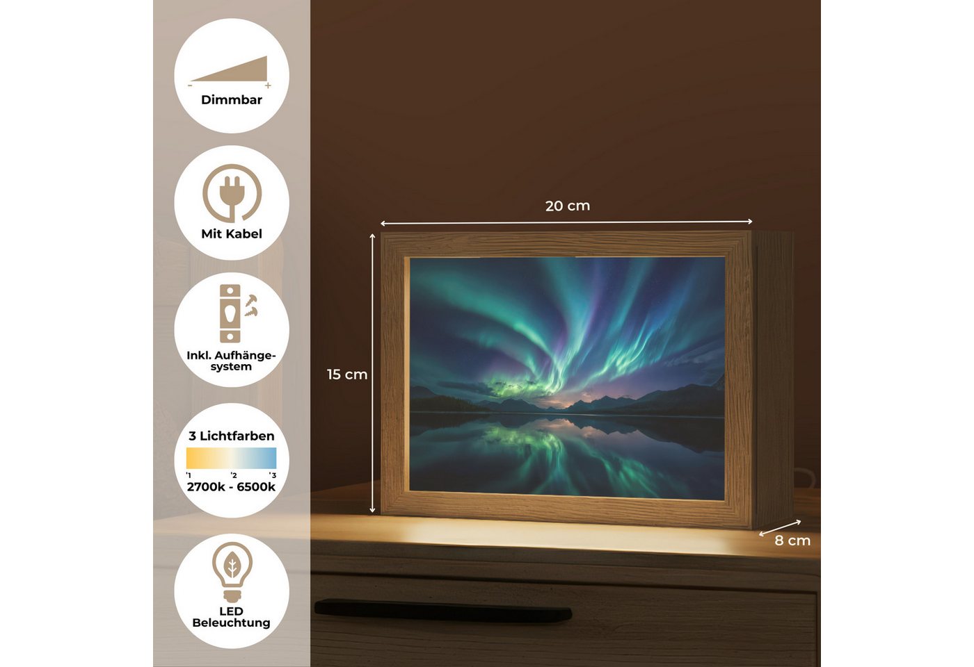 OnlyWow Tischleuchte Lightbox Nordlichter - Farbenfroh - Bergsee, Dimmbar, Farbwechsel, LED, Warmweiß, Kaltweiß, Neutralweiß Einstellbar, Tischlampe, Schreibtischlampe, Desk, Dimmbar, mit Kabel, LED Bild 3