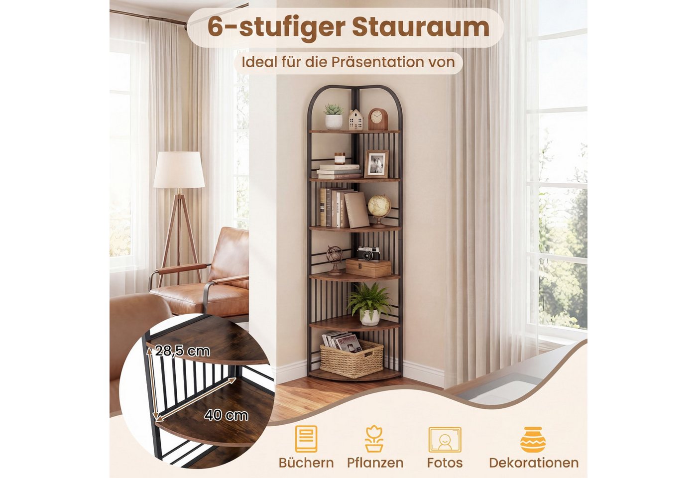 COSTWAY Bücherregal, Eckregal 6 Ebenen Standregal Metallrahmen 42x42x181,5cm
