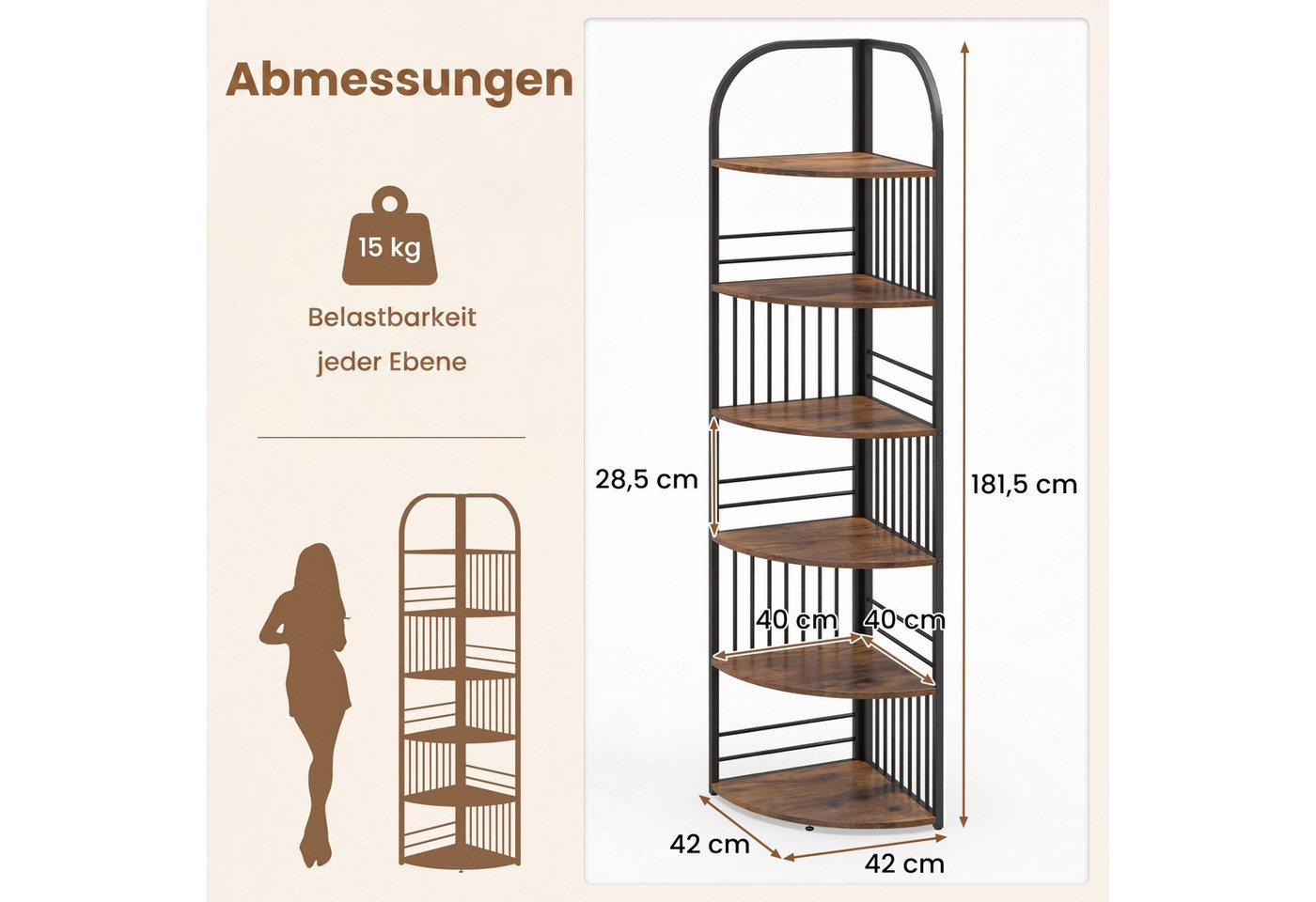 COSTWAY Bücherregal, Eckregal 6 Ebenen Standregal Metallrahmen 42x42x181,5cm Bild 5