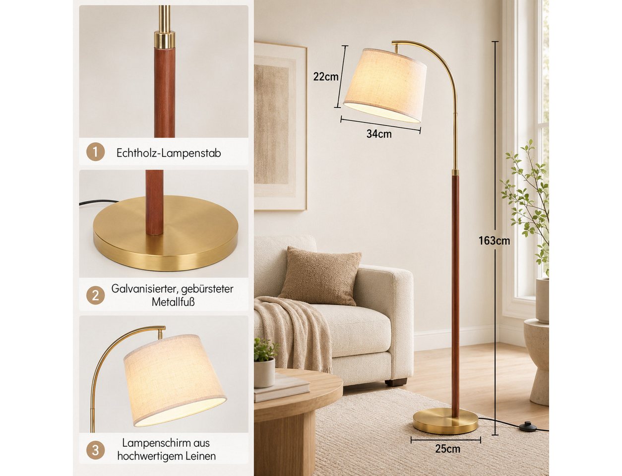 Lapamax Stehlampe für Wohnzimmer, Dimmbar 3 Farbtemperaturen Smart-App+Fernbedienung, RGB Bogenlampe mit Fußtaster und Glühbirne, Lampenschirm aus Stoff