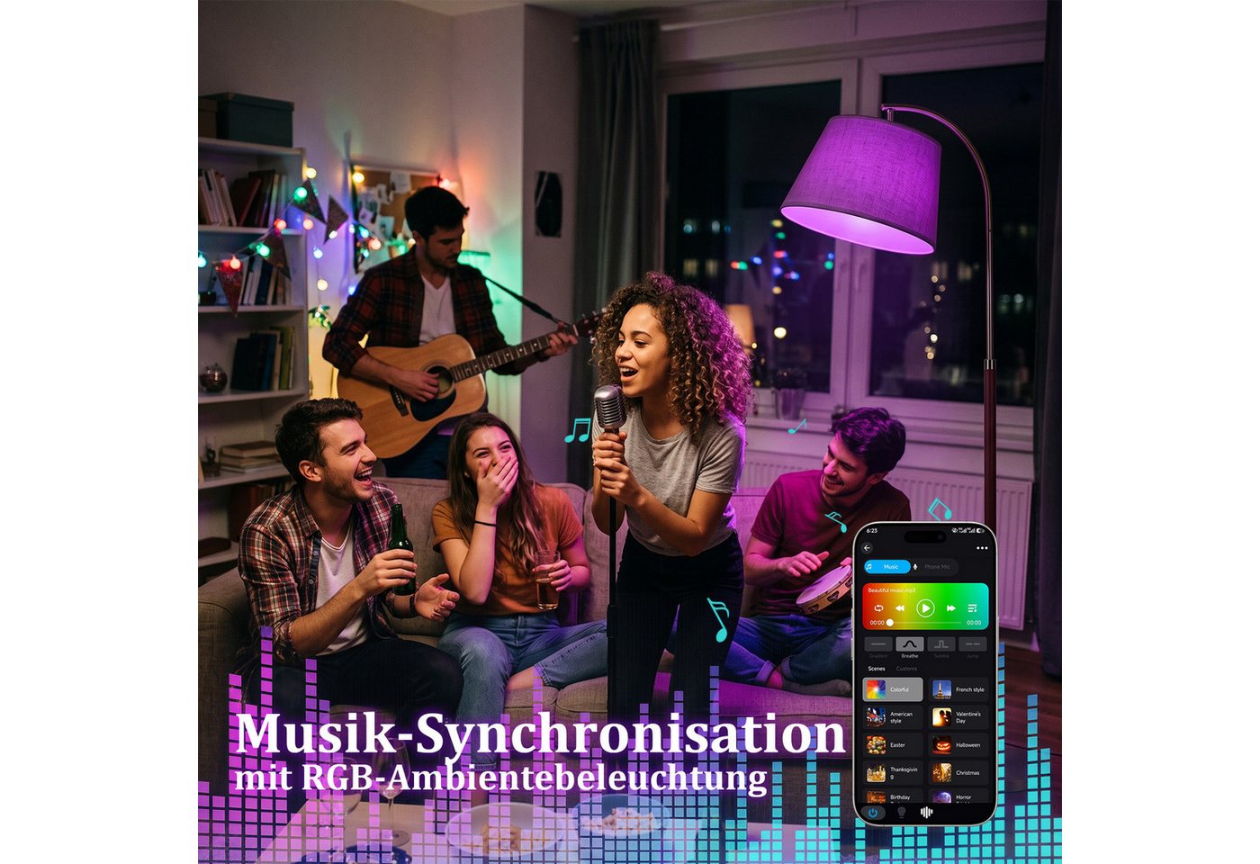 Lapamax Stehlampe für Wohnzimmer, Dimmbar 3 Farbtemperaturen Smart-App+Fernbedienung, RGB Bogenlampe mit Fußtaster und Glühbirne, Lampenschirm aus Stoff Bild 2