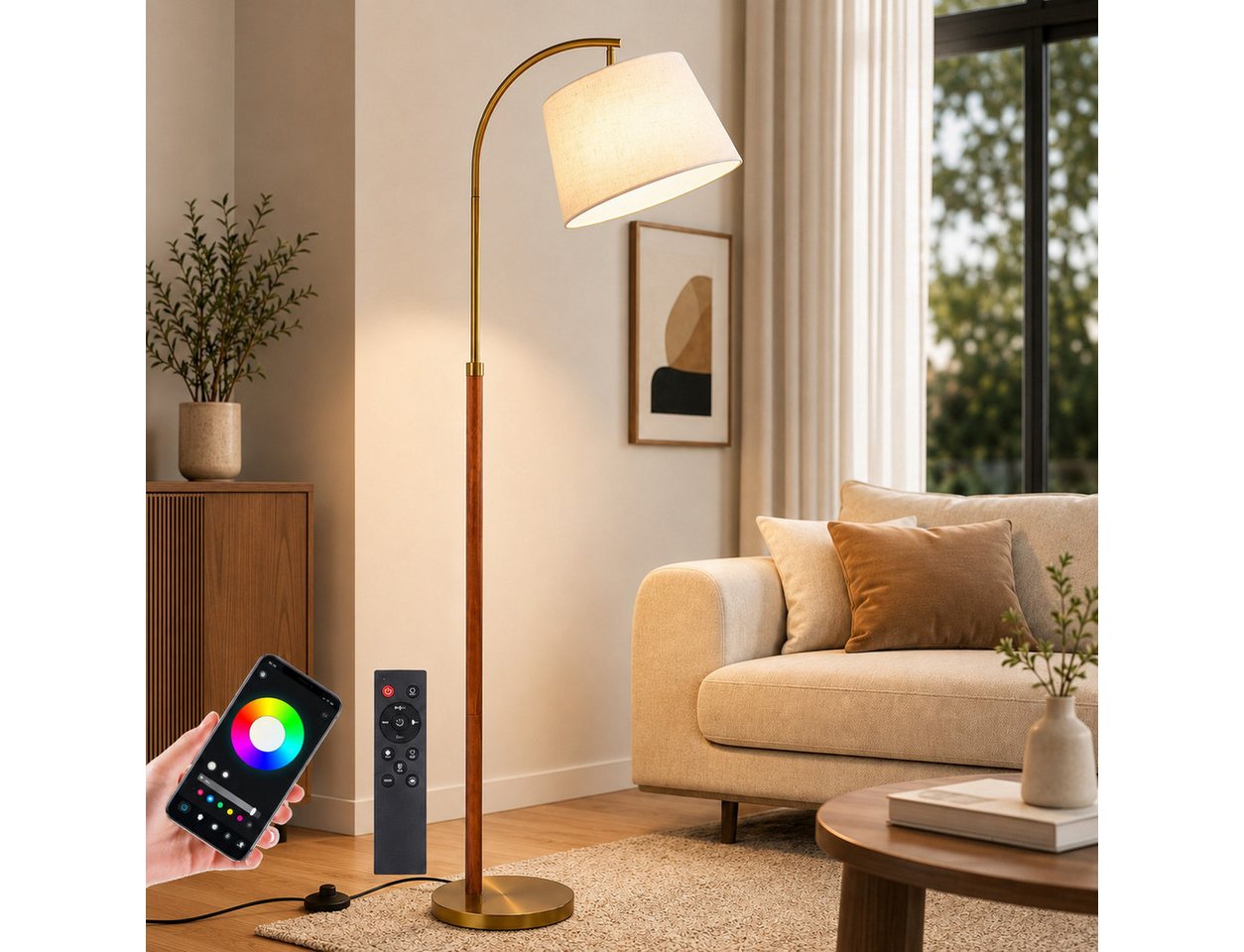 Lapamax Stehlampe für Wohnzimmer, Dimmbar 3 Farbtemperaturen Smart-App+Fernbedienung, RGB Bogenlampe mit Fußtaster und Glühbirne, Lampenschirm aus Stoff Bild 5
