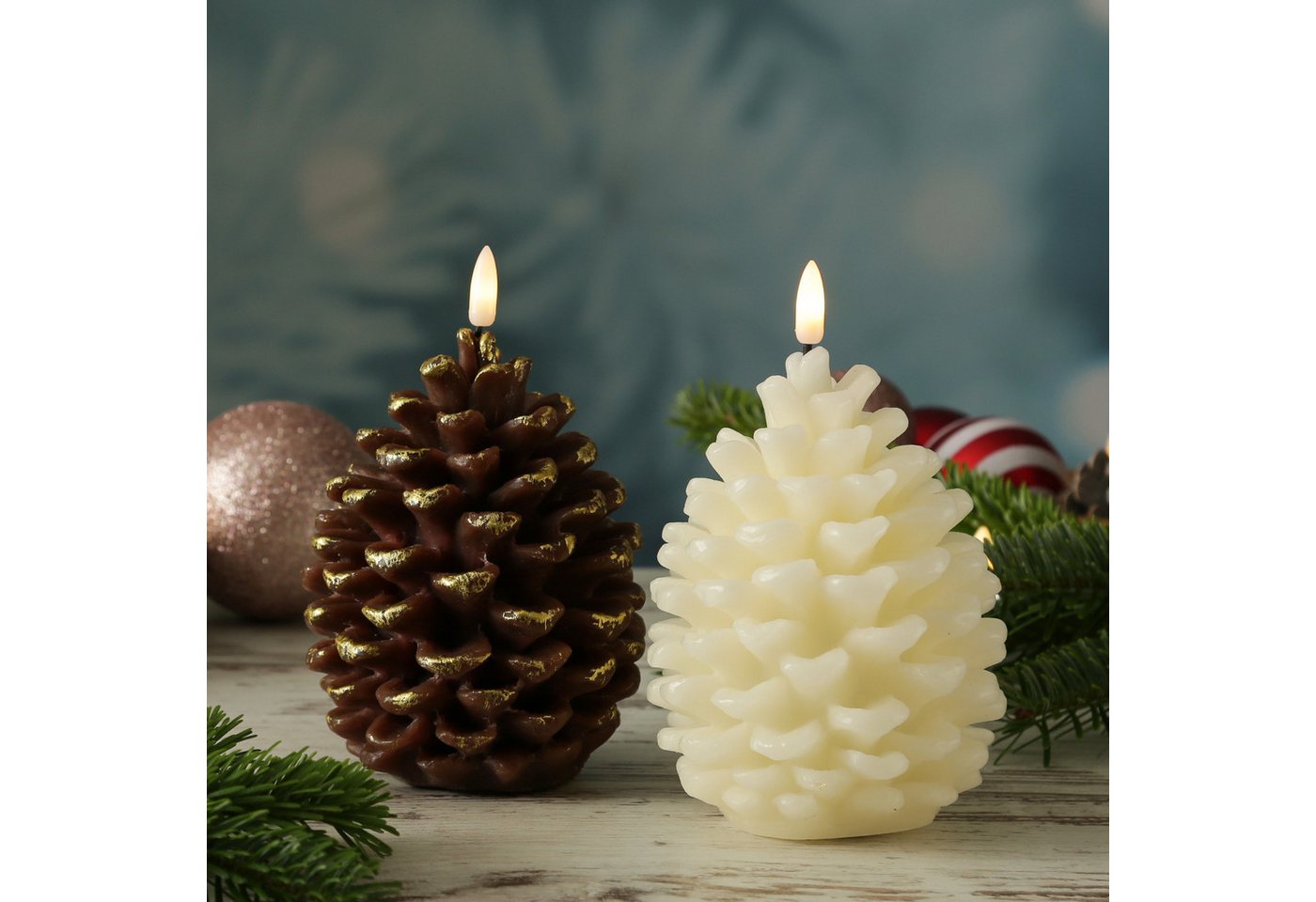 MARELIDA LED-Kerze Tannenzapfen Echtwachs Zapfenform Weihnachtsdeko H: 15,5cm Timer creme, LED Classic, warmweiß (2100K bis 3000K)