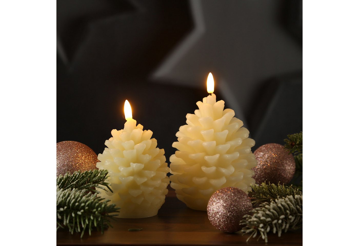 MARELIDA LED-Kerze Tannenzapfen Echtwachs Zapfenform Weihnachtsdeko H: 15,5cm Timer creme, LED Classic, warmweiß (2100K bis 3000K) Bild 2