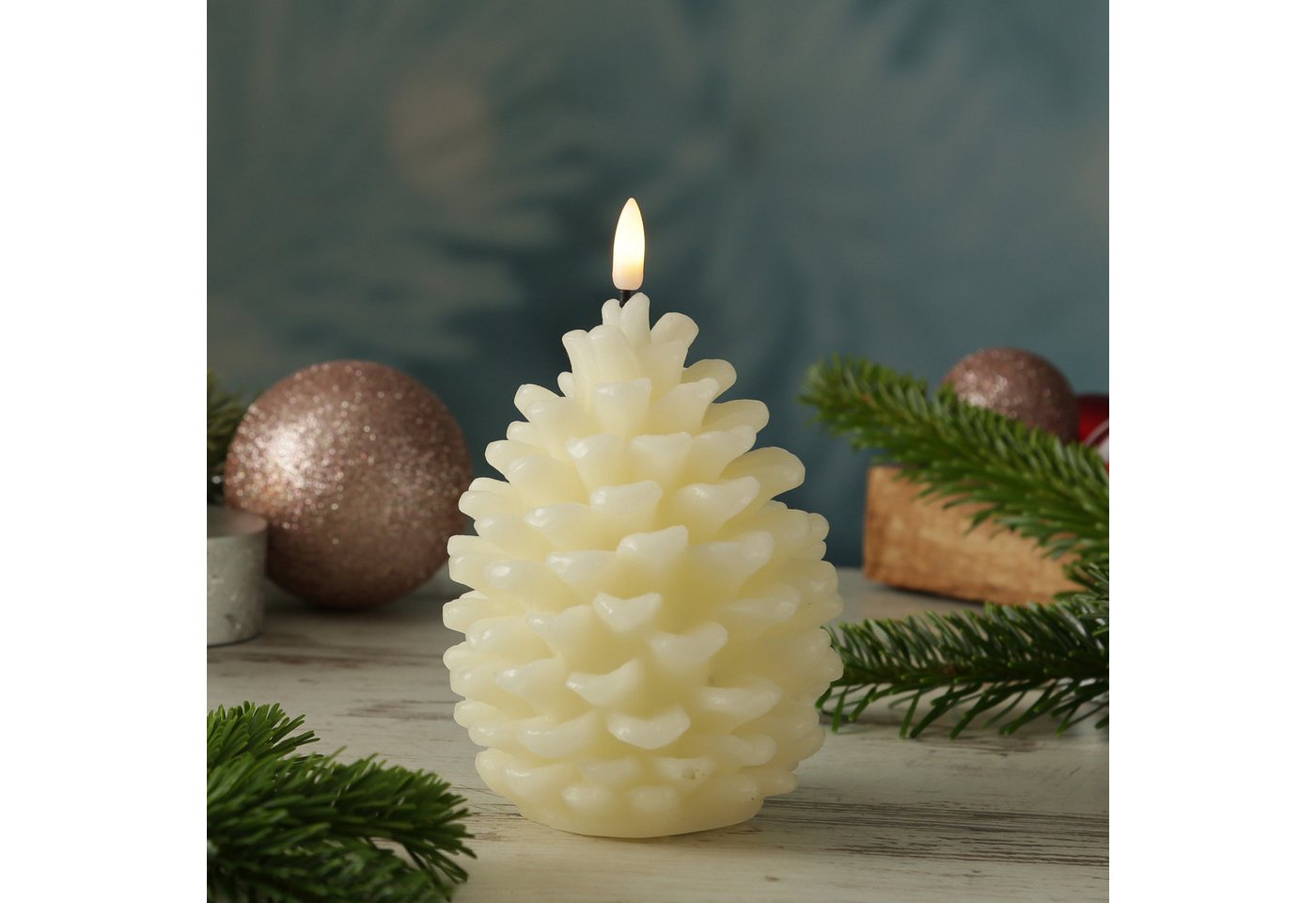 MARELIDA LED-Kerze Tannenzapfen Echtwachs Zapfenform Weihnachtsdeko H: 15,5cm Timer creme, LED Classic, warmweiß (2100K bis 3000K) Bild 4