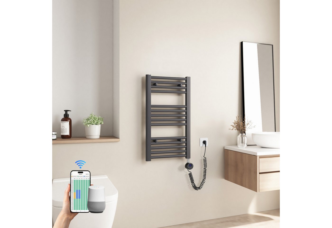 Heilmetz Elektrischer Badheizkörper mit Smart WLAN Thermostat Heizstab, 250W, Intelligente App/Sprachsteuerung, Anthrazit, Geeignet für 3 m² Bild 5