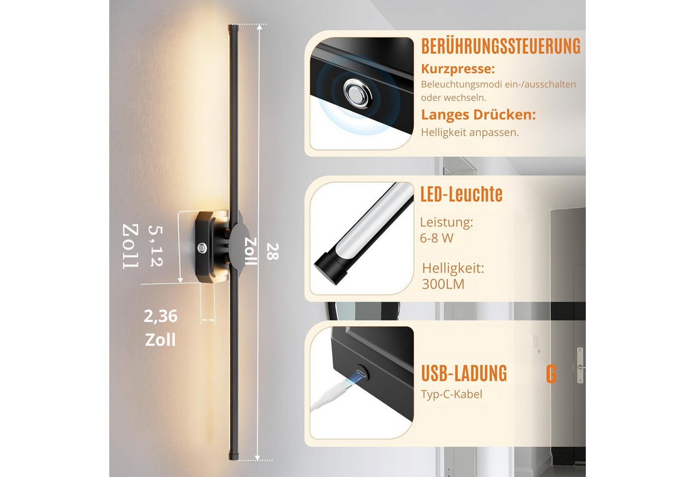 Vivitar LED Wandleuchte 28-Zoll 10.000 mAh über USB-C aufladbare mit Fernbedienung, kabellose Leuchte, Touch-Schalter, um 350° schwenkbar, stufenlos dimmbar von 20 % bis 100 %, 3 Lichtfarben, 3000 K/4000 K/6500 K, akkubetriebene Wandleuchte für Wohnzimmer, Schlafzimmer, Flur, Arbeitszimmer, Leseecke, Nachttisch, Innenbereich, moderne Wandbeleuchtun, dekorative Wandleuchte, flexible Beleuchtung, gemütliches Licht Bild 2