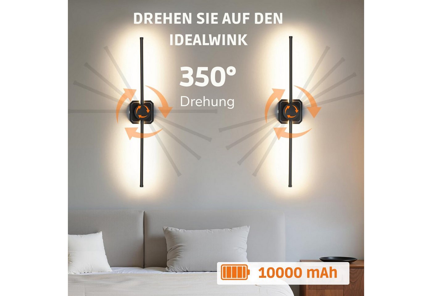 Vivitar LED Wandleuchte 28-Zoll 10.000 mAh über USB-C aufladbare mit Fernbedienung, kabellose Leuchte, Touch-Schalter, um 350° schwenkbar, stufenlos dimmbar von 20 % bis 100 %, 3 Lichtfarben, 3000 K/4000 K/6500 K, akkubetriebene Wandleuchte für Wohnzimmer, Schlafzimmer, Flur, Arbeitszimmer, Leseecke, Nachttisch, Innenbereich, moderne Wandbeleuchtun, dekorative Wandleuchte, flexible Beleuchtung, gemütliches Licht Bild 3