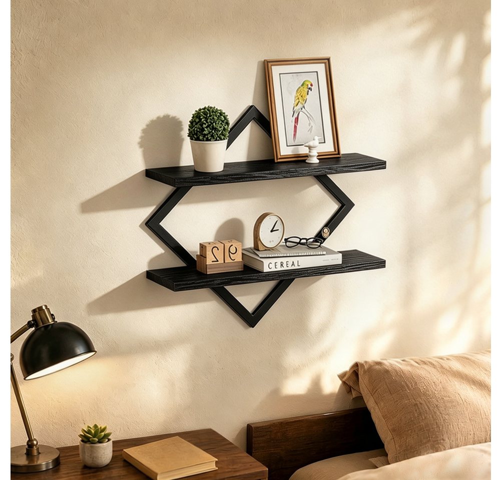 FANNOU Wandregal Generisch, Rautenförmiges Schweberegal mit 2 Ebenen, Holz & Metall, 1-tlg., Hängeregale für Wohnzimmer, Schlafzimmer, Küche, Bad & Büro Bild 2
