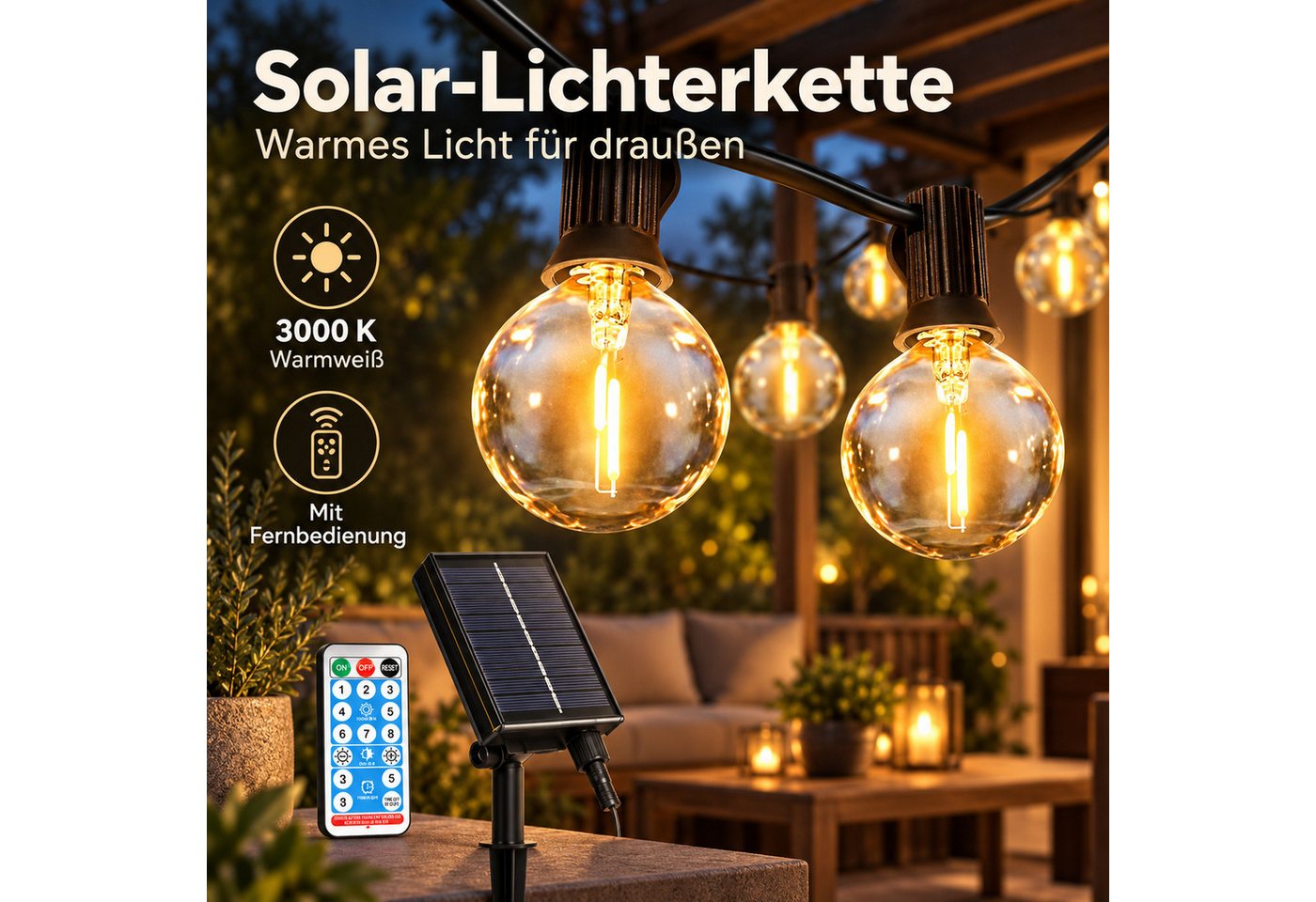 Norvéa Home LED-Lichterkette Solar-LED-Lichterkette außen, dimmbar, Fernbedienung & Timer, IP65, Solarbetrieben, 8 Leuchtmodi, dimmbar, Timer, Fernbedienung