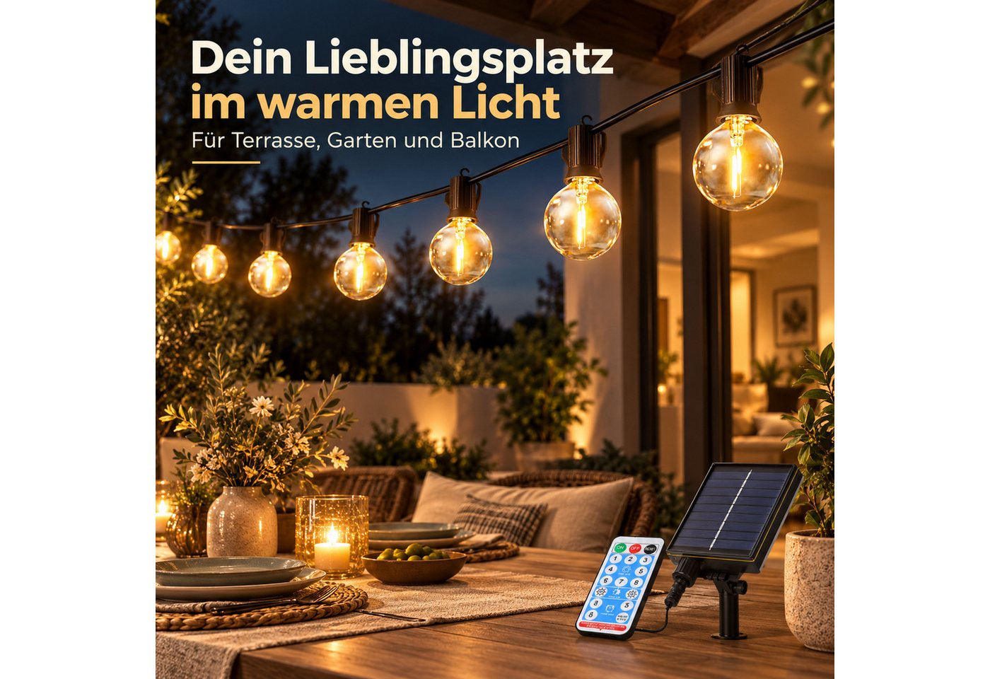 Norvéa Home LED-Lichterkette Solar-LED-Lichterkette außen, dimmbar, Fernbedienung & Timer, IP65, Solarbetrieben, 8 Leuchtmodi, dimmbar, Timer, Fernbedienung Bild 2